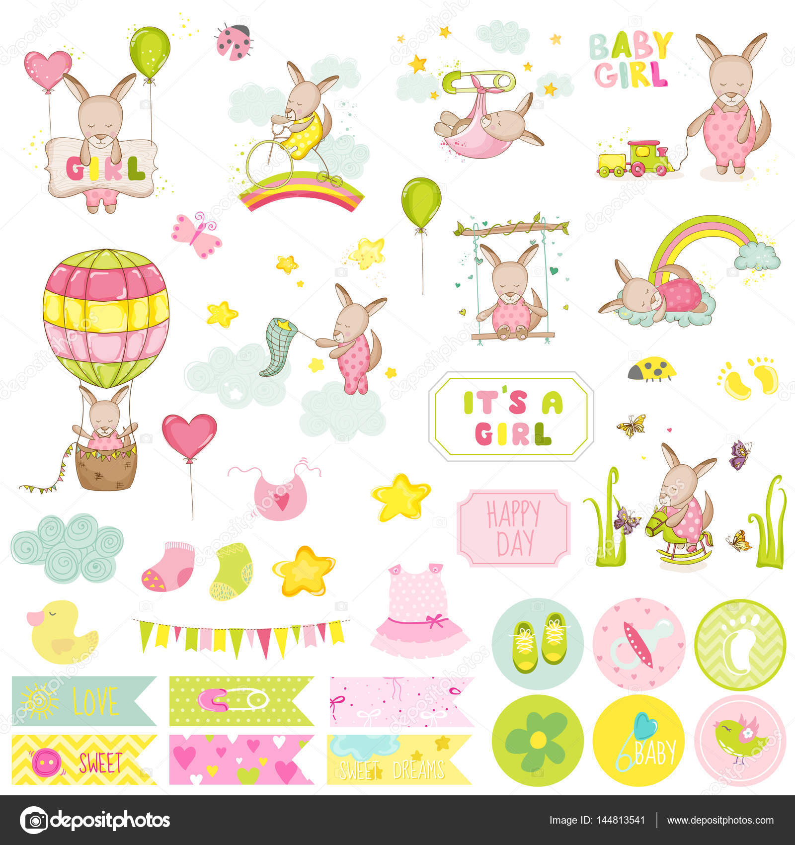Baby Girl Kangaroo Scrapbook Set. Vector Scrapbooking, Decorative Elements,  Tags, Labels, Stickers, Notes Stock Vector by ©woodhouse 144813541